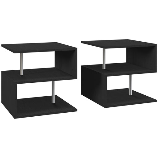 Set of 2 Wooden S Shape Coffee Tables with 2 Tier Storage Shelves for Living Room Black
