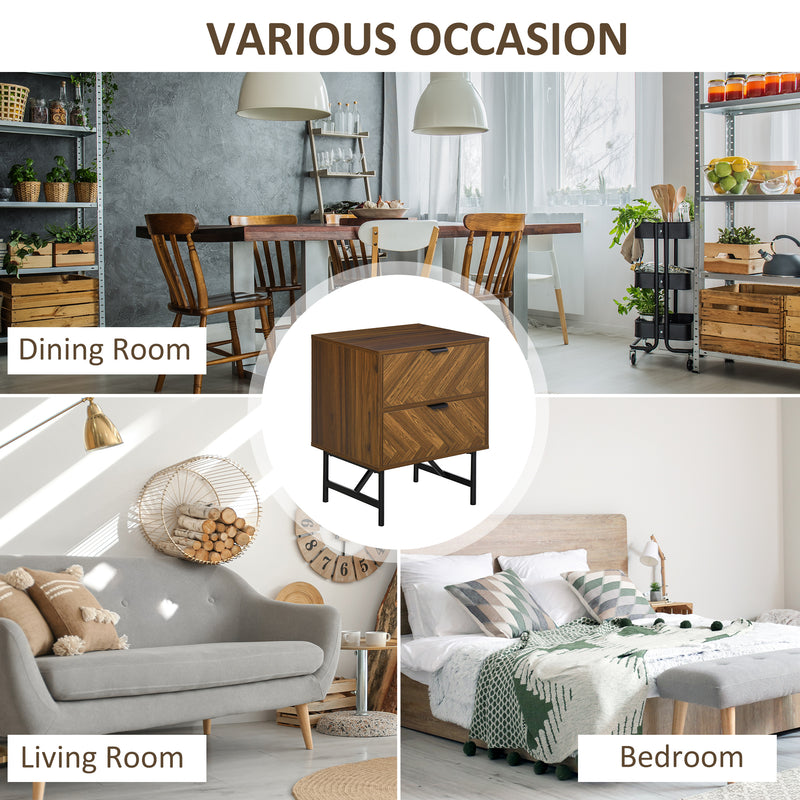 Set of 2 Modern Bedside Tables with Drawers and Metal Legs for Bedroom Walnut Brown