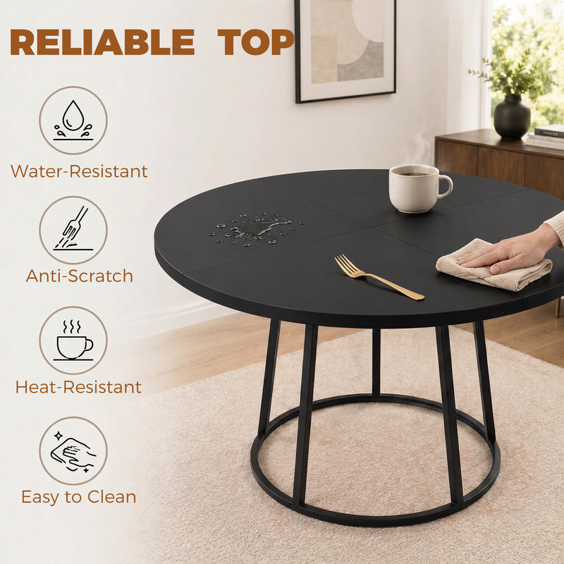 Round Dining Table for 4 to 6 People Compact Easy Clean Design Black