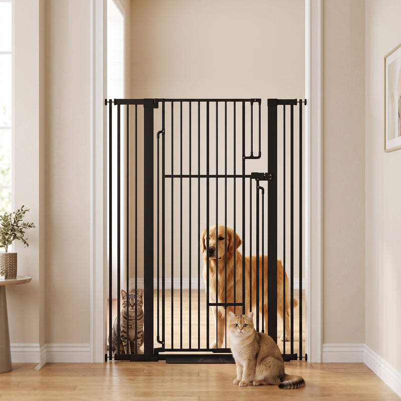 Extra Tall Dog Gate With Cat Door For Wide Doorways And Stairs Pressure Mounted Black