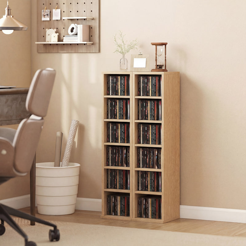 CD Storage Shelves Set of 2 for Organising Media with Adjustable Compartments Natural Wood Finish