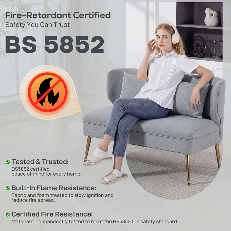 2 Seater Sofa, Light Grey Wing Back Sofa With Thick Cushioned Seat And Gold Metal Legs For Small Living Rooms