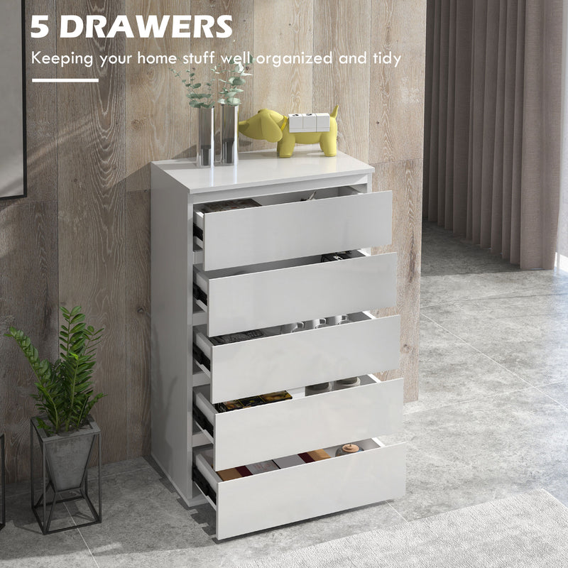 5 Drawer High Gloss Chest Of Drawers With Spacious Bedroom Storage Unit, White