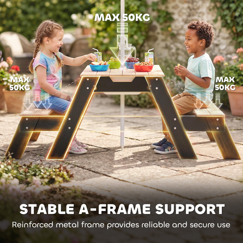 Kids Outdoor Table and Bench Set with Hidden Storage and Parasol for Tidy Garden Play Natural Wood Aiyaplay
