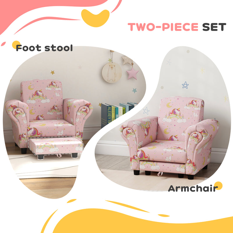 2 Piece Kids Sofa Set with Unicorn Design and Wooden Frame for Toddlers Aged 1 to 3, Pink