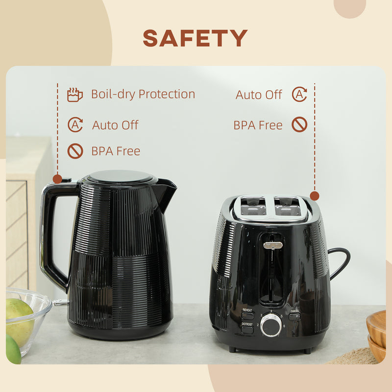 Black 1.7L 3000W Fast Boil Cordless Kettle and 2 Slice Toaster Set With 7 Browning Levels by HOMCOM