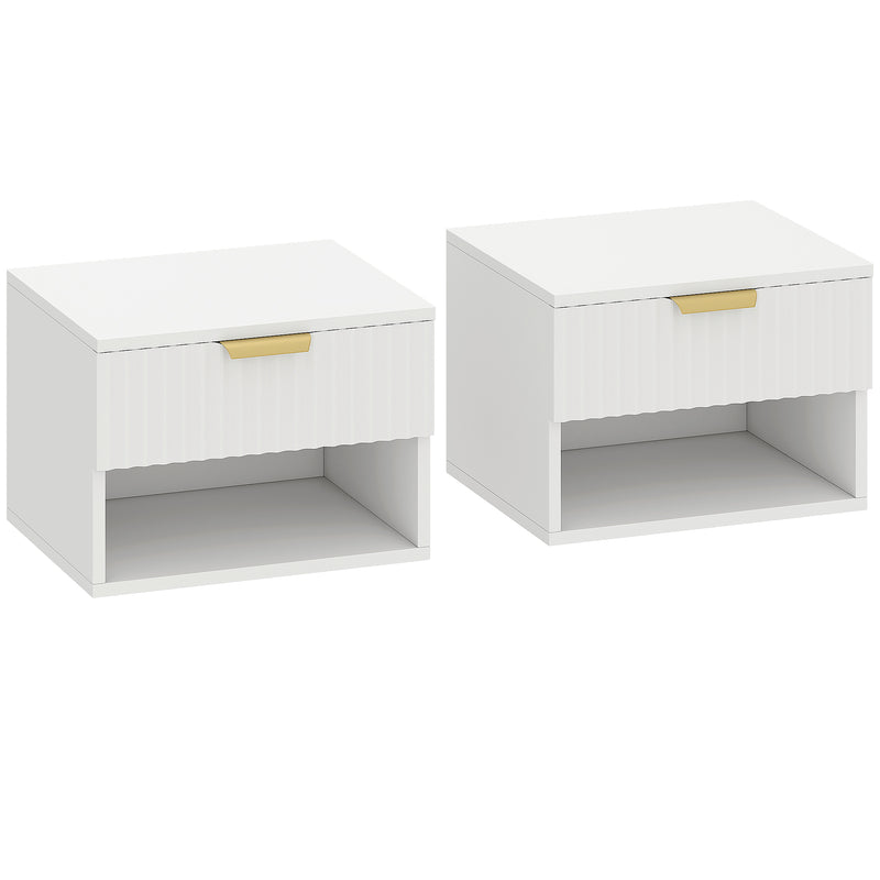 Set of 2 Wall Mounted Bedside Tables with Fluted Drawer and Shelf Ideal for Bedrooms White
