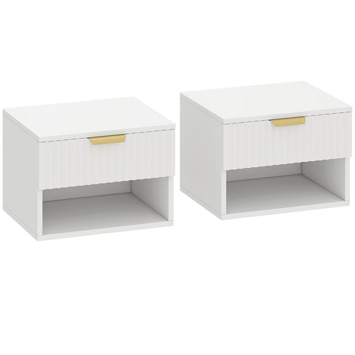 Set of 2 Wall Mounted Bedside Tables with Fluted Drawer and Shelf Ideal for Bedrooms White