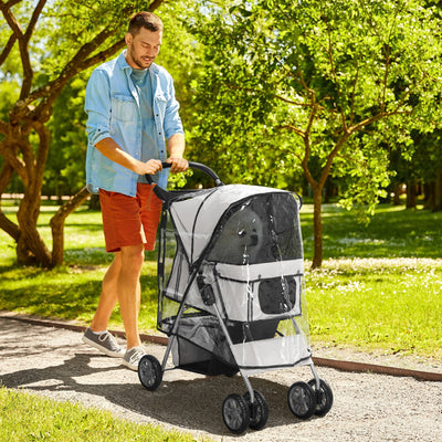 Folding Dog Stroller With Rain Cover And Storage Basket For Small Pets Grey AOSOM