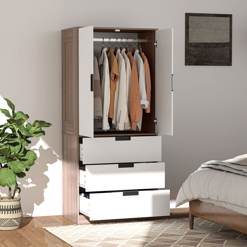 Two Door Wardrobe with Drawers for Bedroom Storage, White and Brown by HOMCOM