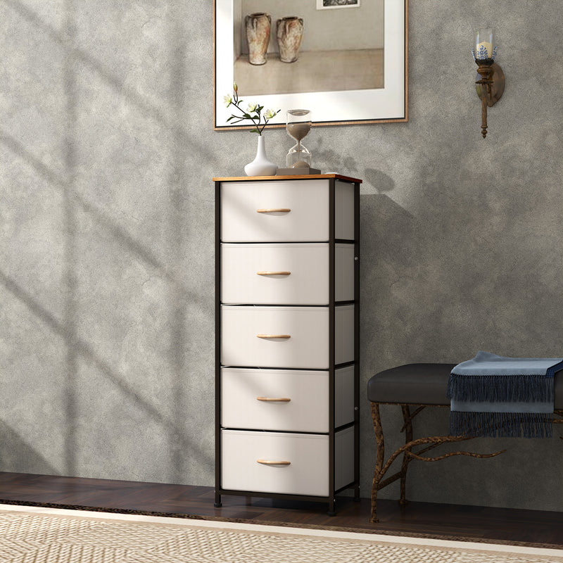 Cream White Fabric Chest of Drawers with 5 Storage Drawers and Wooden Top by HOMCOM