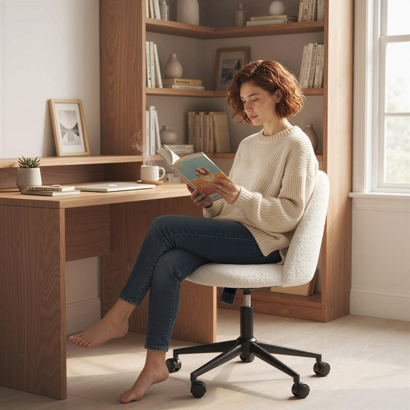 Teddy Fleece Swivel Office Chair With Wheels And Adjustable Height For Home Cream White AOSOM