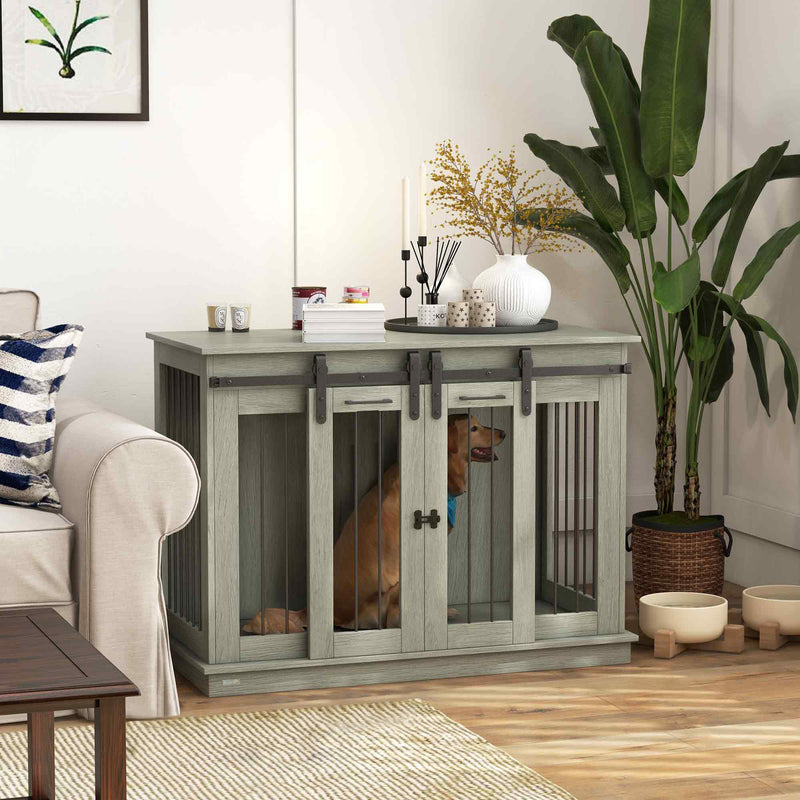 Large Dog Crate Furniture with Divider Double Cage for Small Dogs Indoor Use Grey