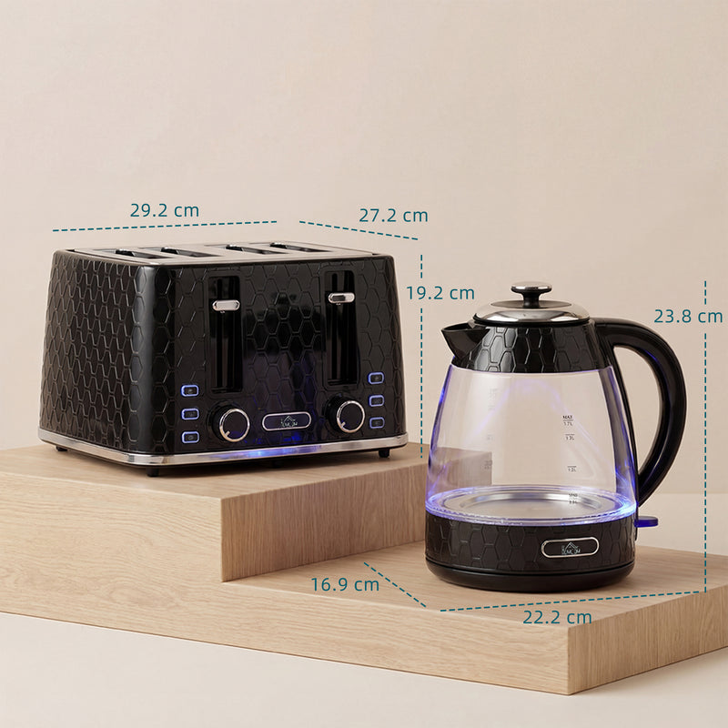 4 Slice Toaster and 17L Rapid Boil Kettle Set With Strix Control For Kitchen Use Black AOSOM