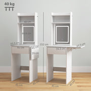 Compact Vanity Desk with LED Mirror Drop Leaf and Storage Shelves for Bedroom, White