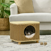 Elevated Wicker Cat House with Soft Washable Cushion Ideal for Indoor Use, Light Brown