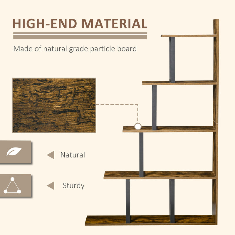 5 Tier Ladder Bookcase with Anti Tip Storage Shelves for Home or Office Rustic Brown AOSOM