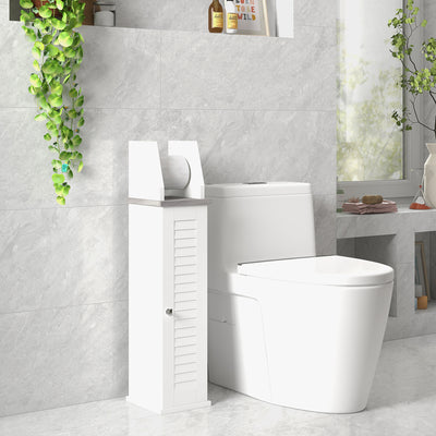 Slim Bathroom Storage Cabinet With Roll Holder Adjustable Shelf And Cupboard, White