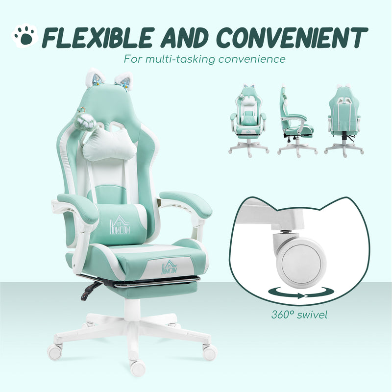 Reclining Office Chair with Cat Ear Design and Footrest for Home or Study Light Blue White