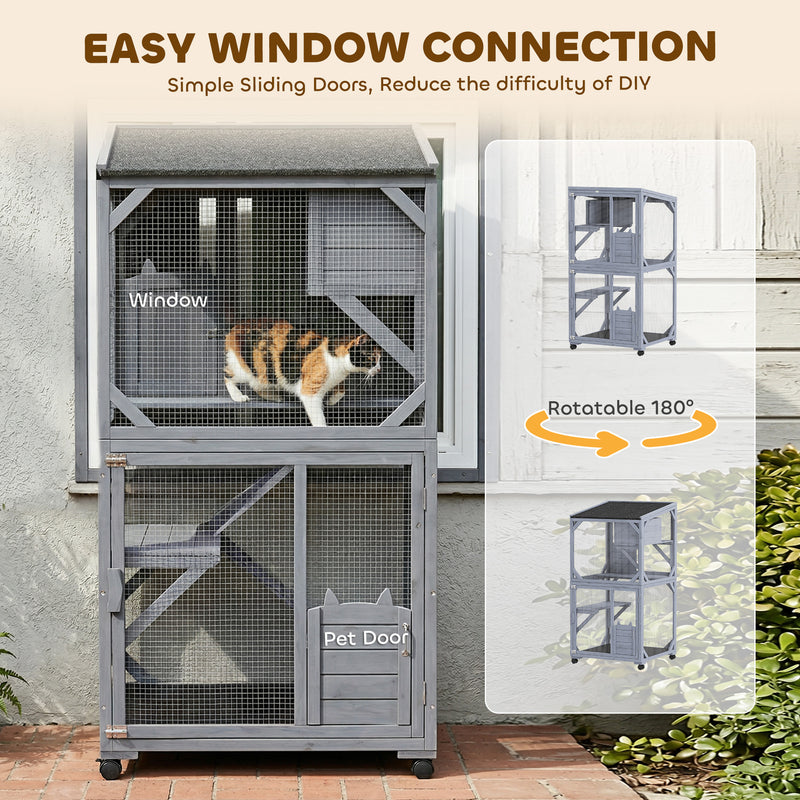 Rolling Outdoor Cat Enclosure With Three Levels for Easy Garden Access Dark Grey Pawhut