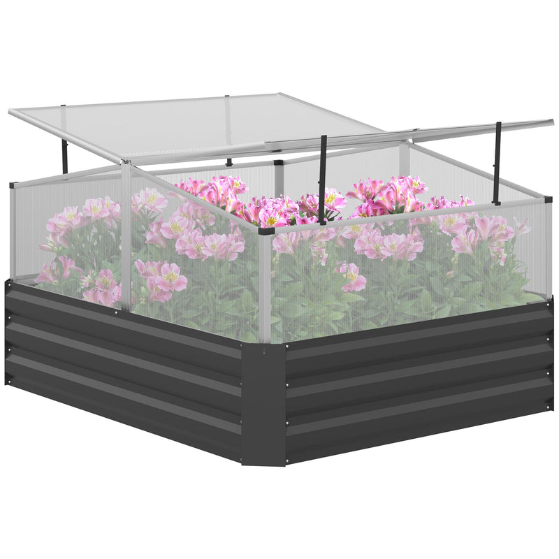 Dark Grey Galvanised Raised Garden Bed With Greenhouse Cover For Vegetables And Flowers