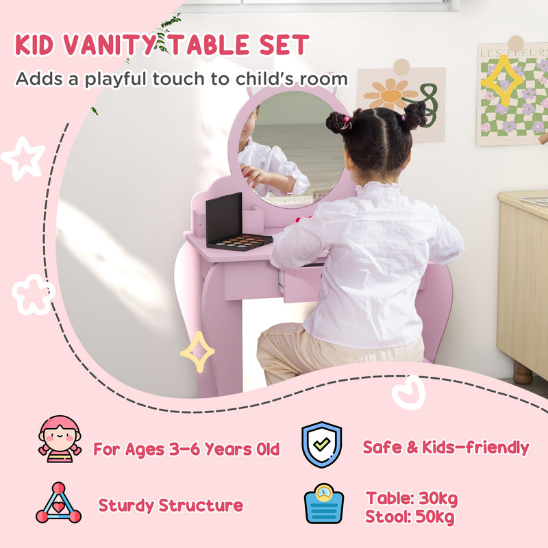 Kids Vanity Table with Mirror Stool and Storage Ideal for Ages 3 to 6 Years, Pink