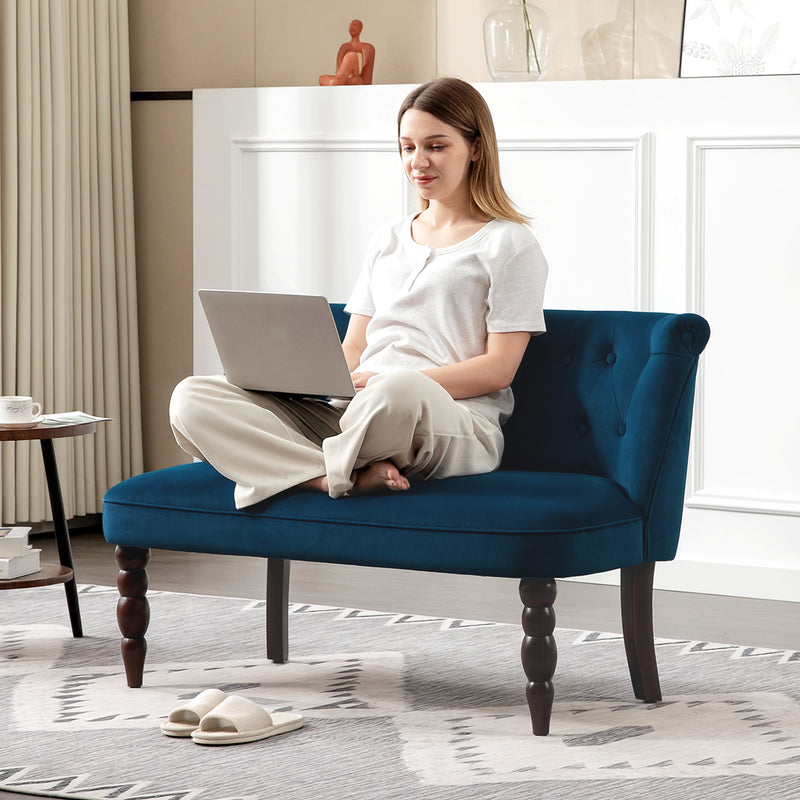 Dark Blue Velvet 2 Seater Wingback Sofa With Button Tufting And Wooden Legs For Living Room