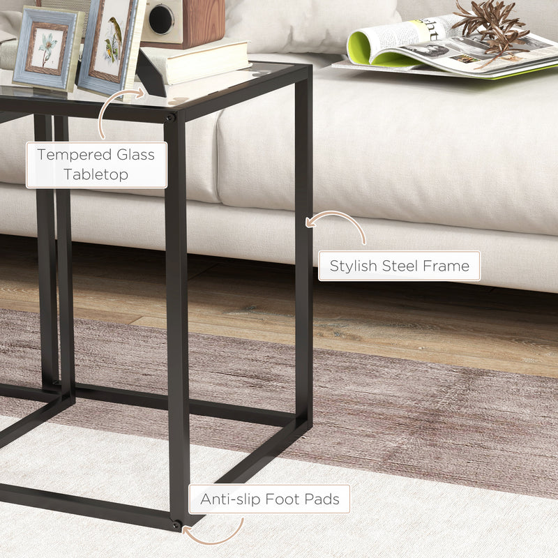 Set of 2 Black Nesting Tables with Tempered Glass Top and Steel Frame for Living Room by HOMCOM