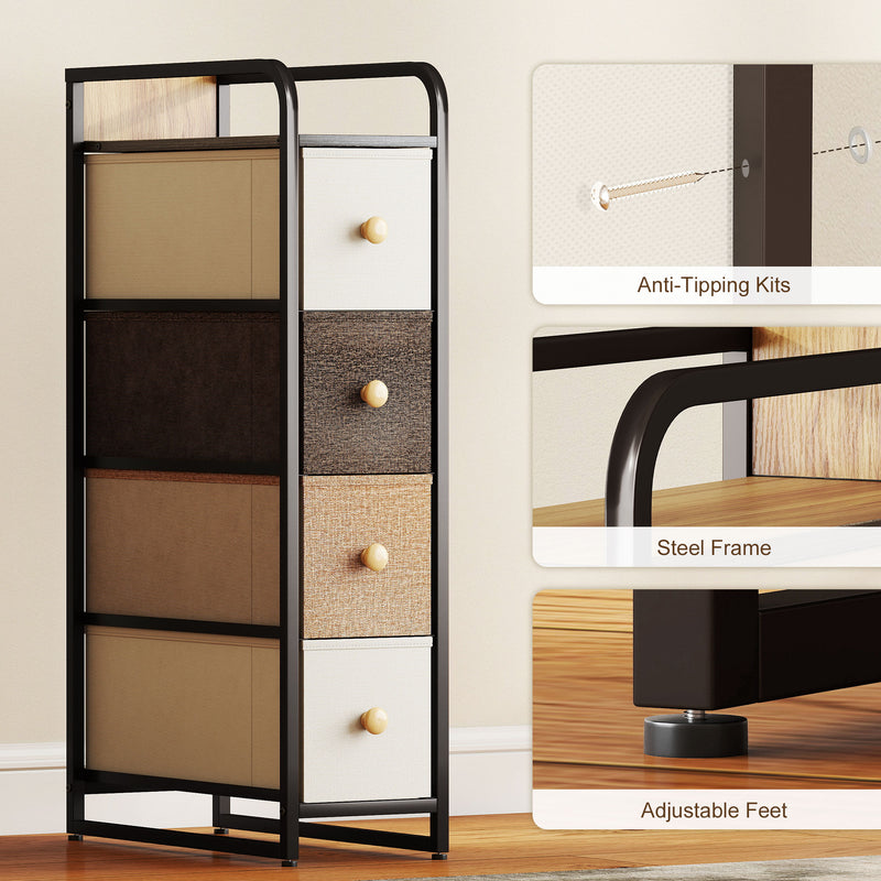 Slim Chest of Drawers for Narrow Spaces with 4 Fabric Drawers and Guardrail Top Multicoloured