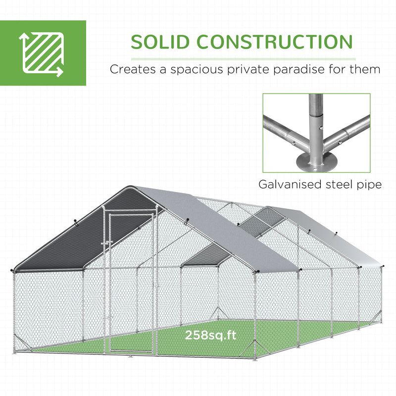 PawHut Chicken Run Galvanised Walk-in Chicken Coop Hen Poultry House Cage Rabbit Hutch with Water-Resist Cover, 3 x 8 x 2m AOSOM