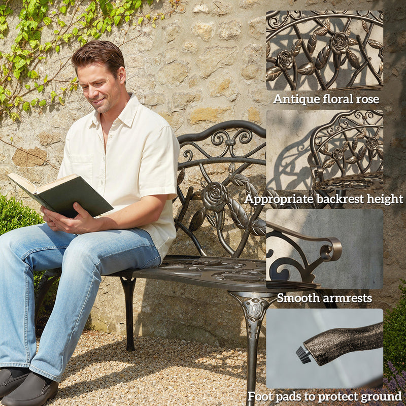 Cast Aluminium Garden Bench for Comfortable Outdoor Seating with Classic Rose Design Bronze Tone Outsunny