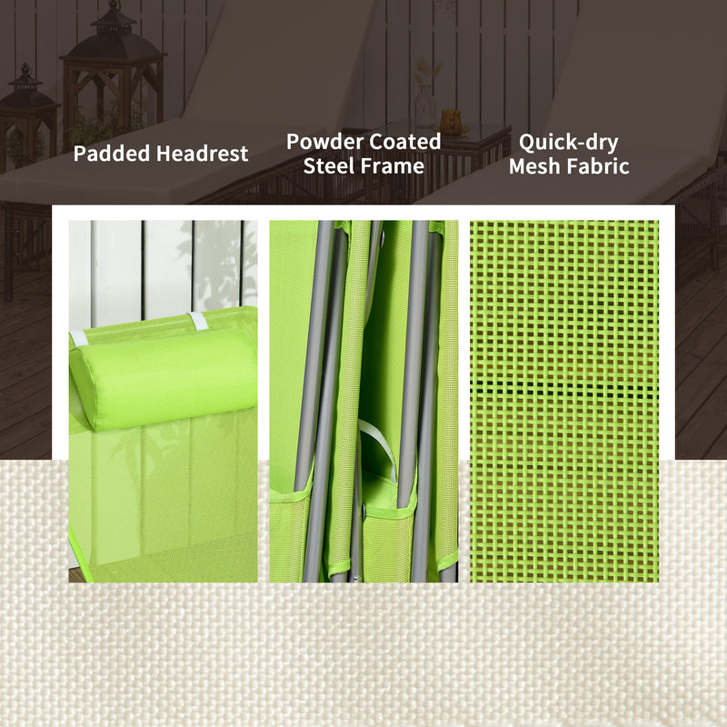 Green Folding Sun Loungers Set of 2 with Reclining Backs and Pillows for Patio or Beach
