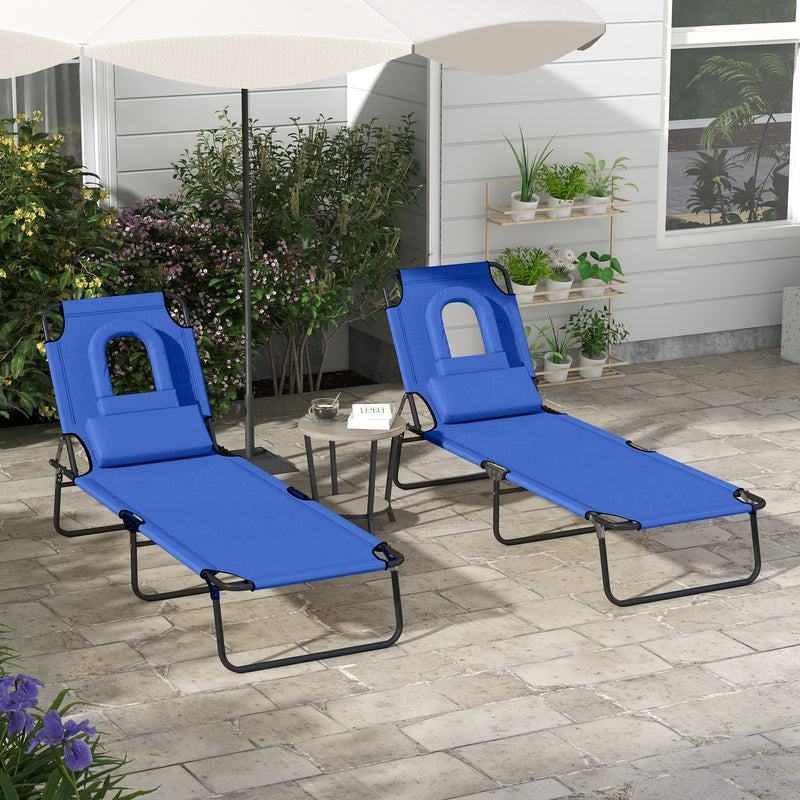 Blue Folding Sun Lounger Set of 2 with Adjustable Backrest and Face Hole for Garden Use