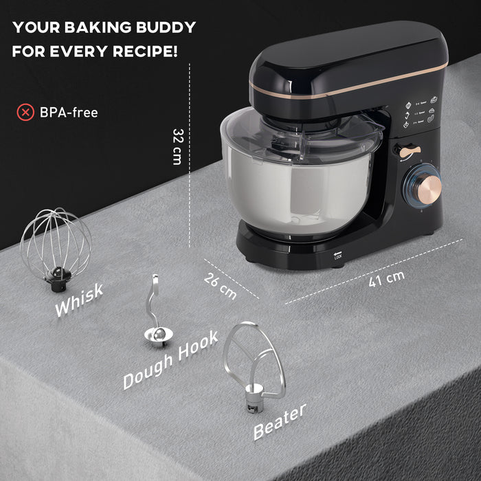Black 1400W Stand Mixer 5L for Baking with 6 Speeds Pulse Dough Hook and Whisk by HOMCOM