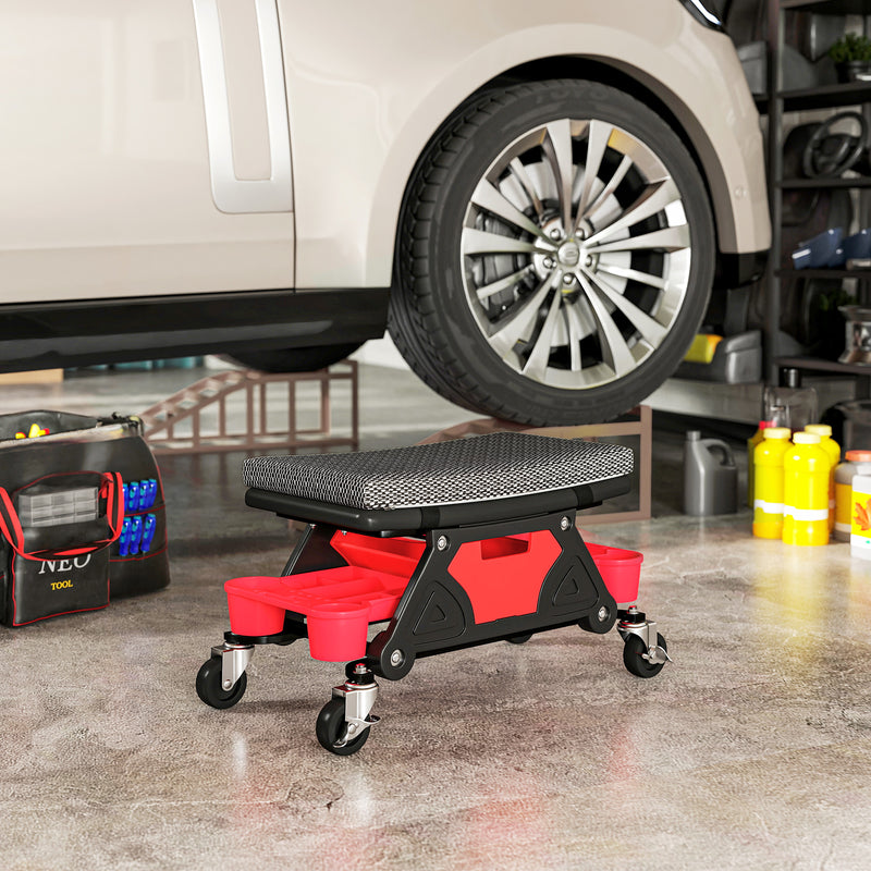 Mechanic Roller Seat with Tool Storage and Cushioned Support for Garage Work Black