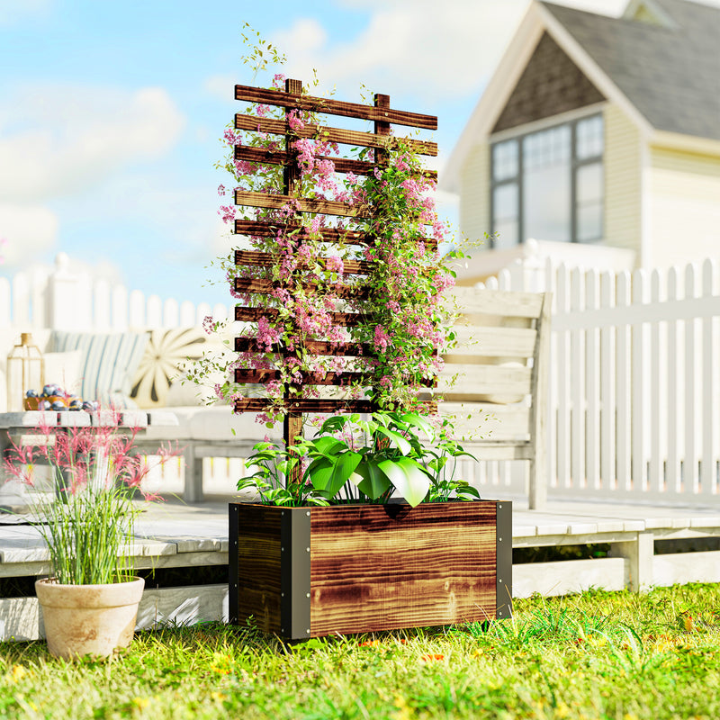 Wooden Raised Garden Bed With Trellis and Wheels for Outdoor Planting Greenhouse Brown Outsunny