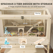 2 Tier Wooden Hamster Cage With Shelves and Easy Access Top for Small Pets Natural AOSOM