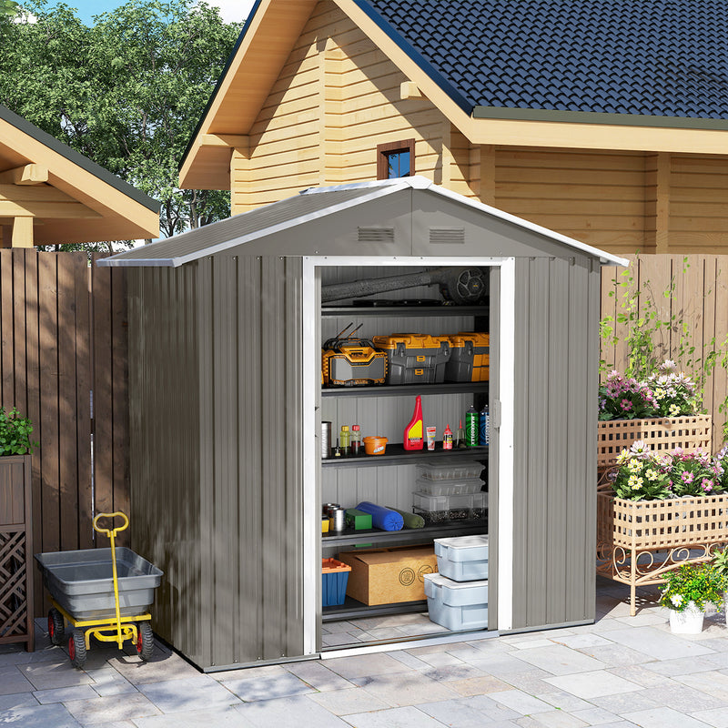 Metal Garden Storage Shed with Double Sliding Doors and Vents for Tools, Grey
