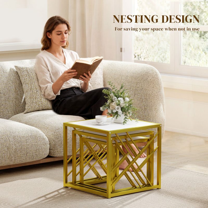 Coffee Tables, Nesting Coffee Tables for Living Room Set of 3 - Gold Metal Frame & White Tops
