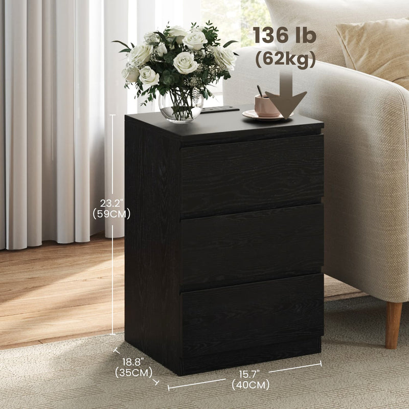 Bedside Table with Charging Station and 3 Drawers for Bedroom or Living Room by Vasagle