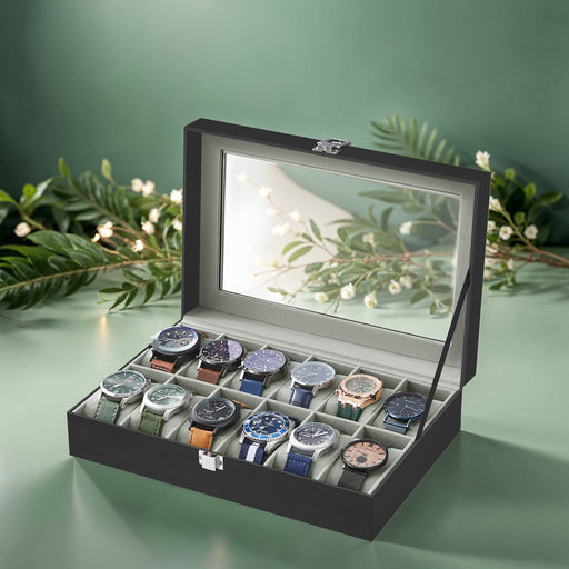 12 Slot Watch Box Organiser with Glass Lid and Removable Cushions for Display by Songmics