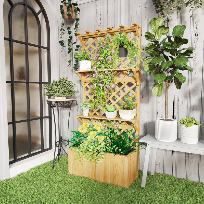 Wooden Garden Planter Box With Trellis And Storage Shelves For Climbing Plants Natural Outsunny