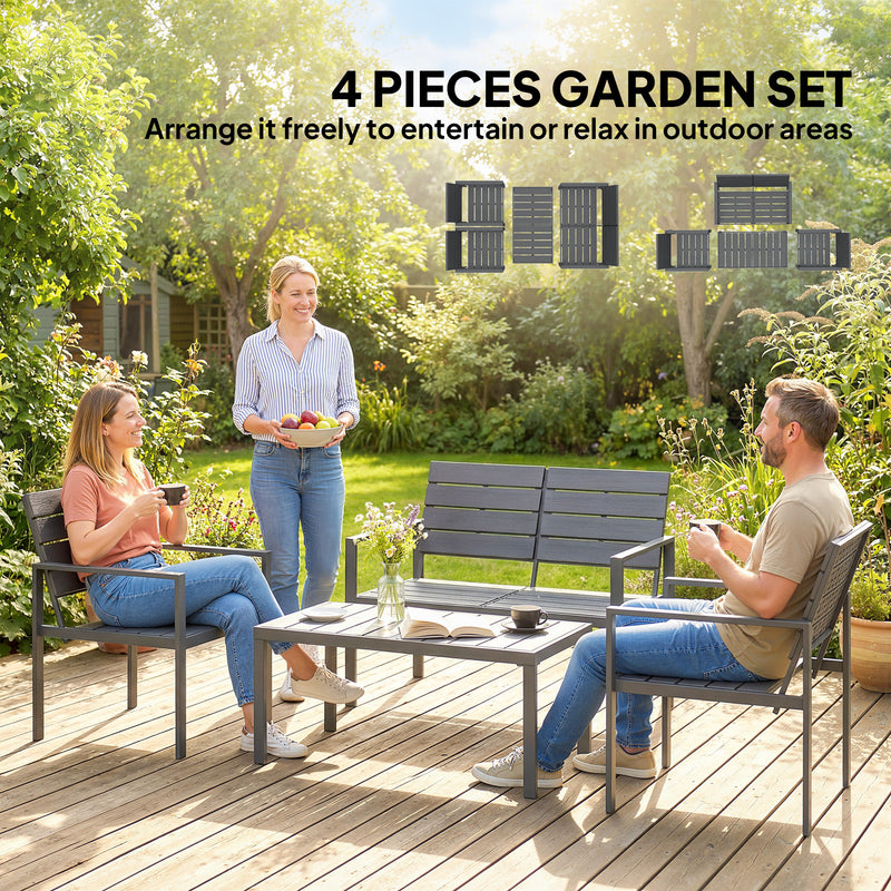 4pc Garden Furniture Set for All-Weather Outdoor Relaxing with Loveseat Coffee Table and Chairs Outsunny