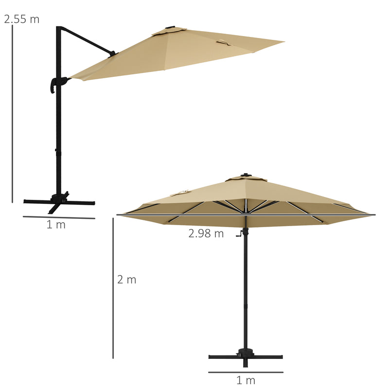 Khaki 3m Cantilever Garden Parasol With Base And Solar LED Lights For Outdoor Shade