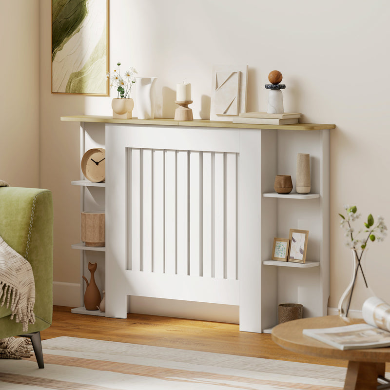 White Radiator Cover Cabinet with Open Shelves Ideal for Living Room or Hallway, 124W x 19D x 83H cm