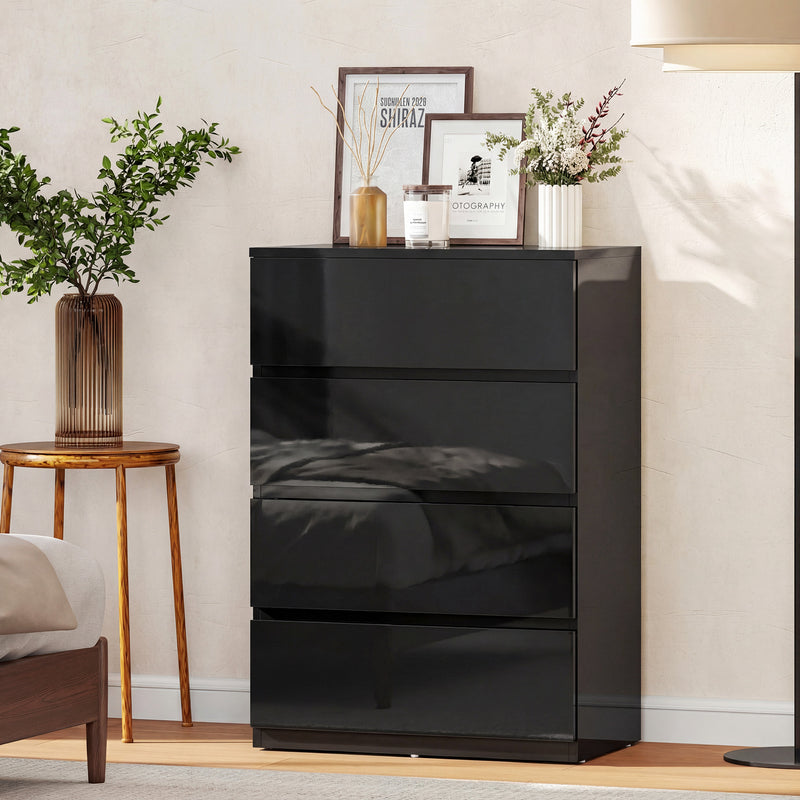 Chest of Drawers with 4 Spacious Handleless Storage Drawers for Bedroom Organisation High Gloss Black AOSOM