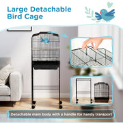 Black Bird Cage for Budgies Canaries Finches with Stand Wheels Storage Shelf by PawHut