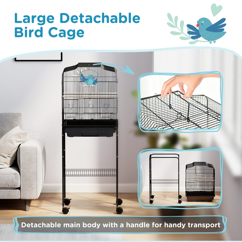 Black Bird Cage for Budgies Canaries Finches with Stand Wheels Storage Shelf by PawHut