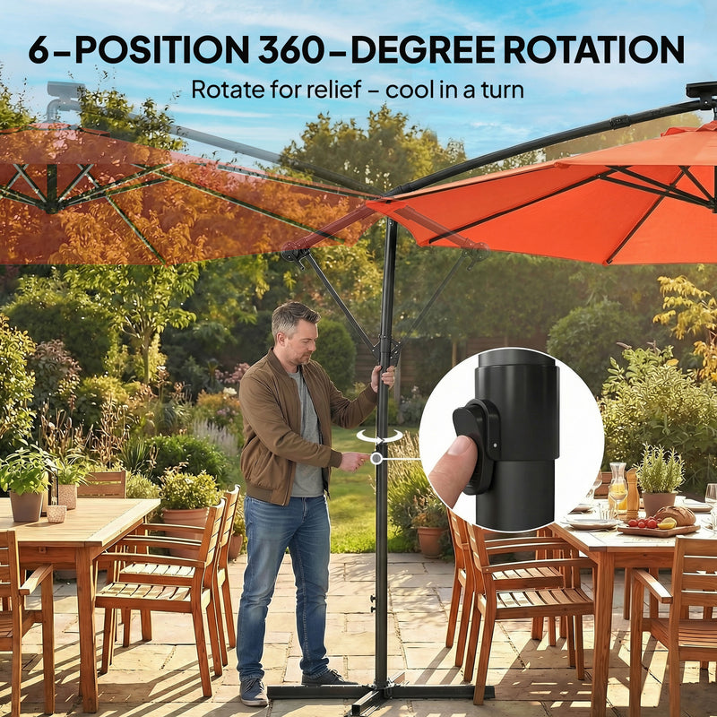 3m Cantilever Parasol Umbrella with Lights and Adjustable Shade For Patio or Garden, Orange