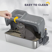 Extra Large Stainless Steel Cat Litter Tray with Odour Control and High Sides, Silver